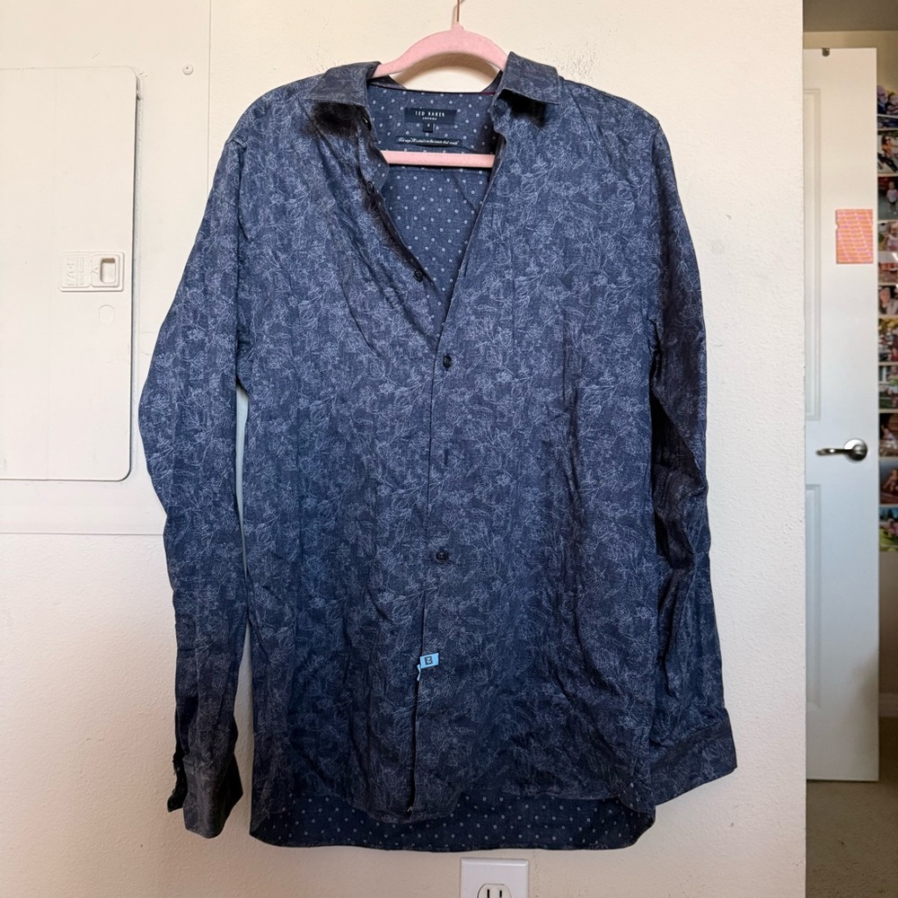 Ted Baker London Blue Floral Button Down Shirt Size 4 Slim Fit Dress Shirt